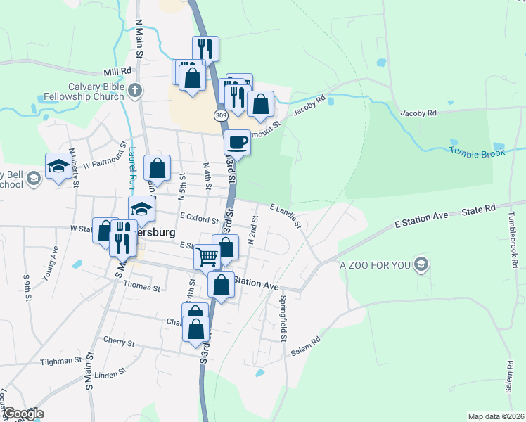 map of restaurants, bars, coffee shops, grocery stores, and more near 55 Oxford Ridge Court in Coopersburg