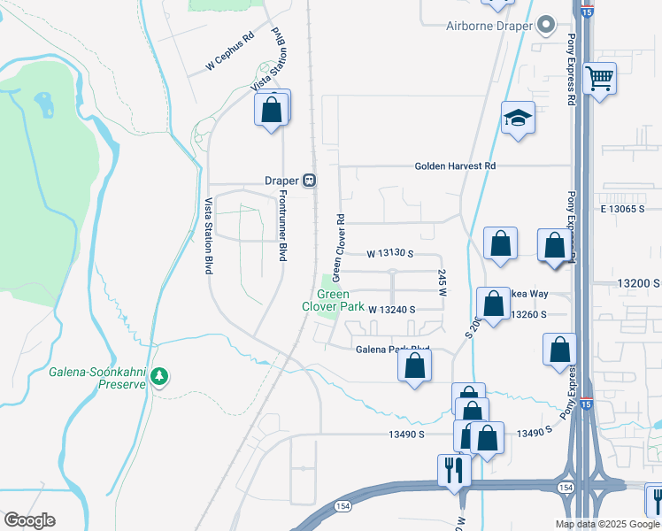 map of restaurants, bars, coffee shops, grocery stores, and more near 13152 Green Clover Road in Draper