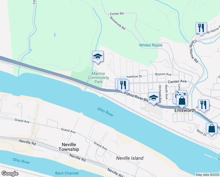map of restaurants, bars, coffee shops, grocery stores, and more near 8371 Ohio River Boulevard in Emsworth