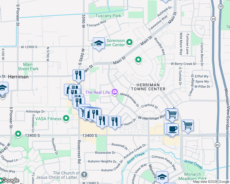 map of restaurants, bars, coffee shops, grocery stores, and more near South Herriman Rose Boulevard in Herriman