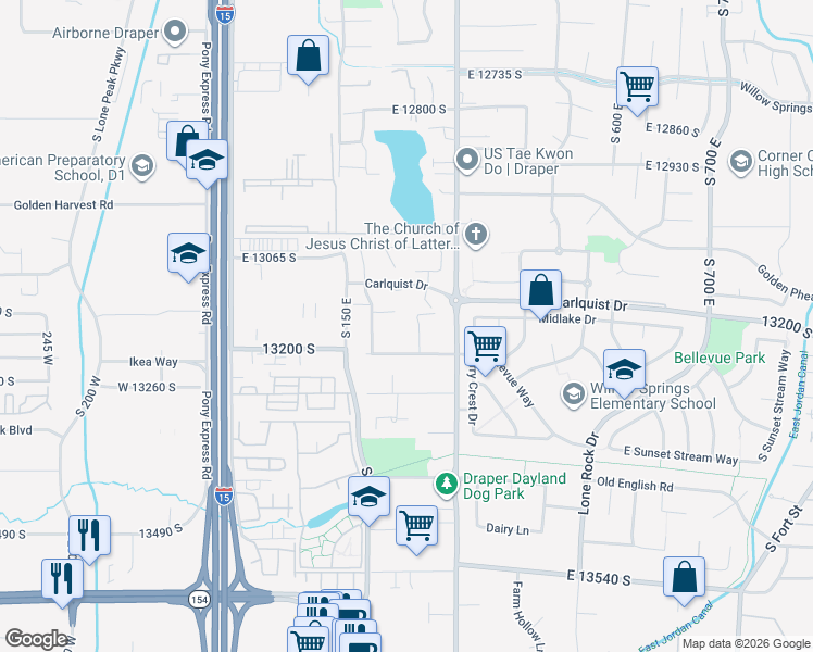 map of restaurants, bars, coffee shops, grocery stores, and more near 13202 Day Court in Draper