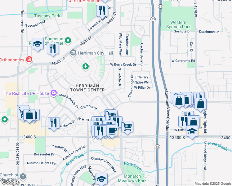 map of restaurants, bars, coffee shops, grocery stores, and more near 13228 Dominica Lane in Herriman