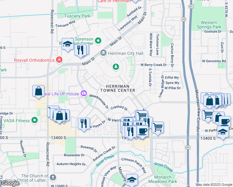 map of restaurants, bars, coffee shops, grocery stores, and more near 13227 Weatherford Lane in Herriman