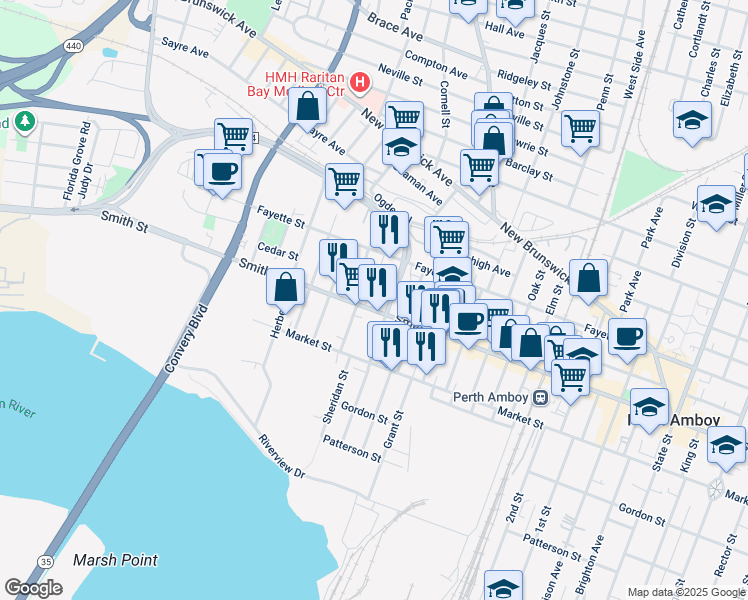 map of restaurants, bars, coffee shops, grocery stores, and more near 400 Smith Street in Perth Amboy