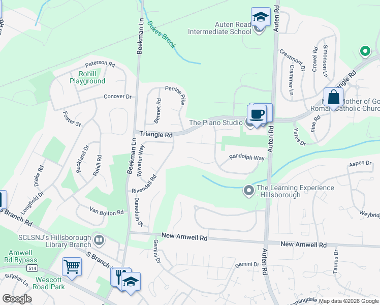 map of restaurants, bars, coffee shops, grocery stores, and more near 14 Wolverton Lane in Somerset County