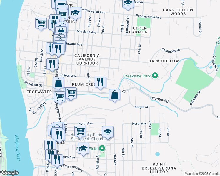 map of restaurants, bars, coffee shops, grocery stores, and more near 733 Plum Street in Oakmont