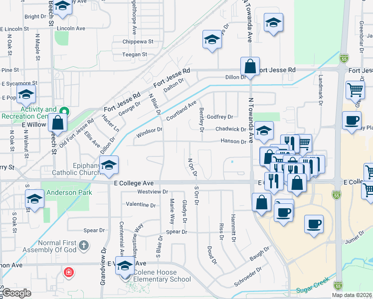 map of restaurants, bars, coffee shops, grocery stores, and more near 111 North Orr Drive in Normal