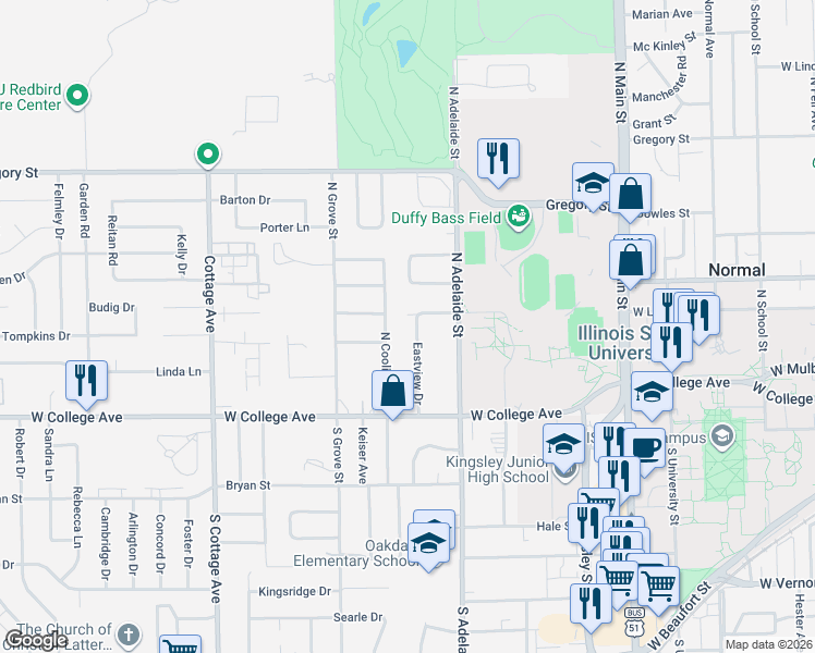 map of restaurants, bars, coffee shops, grocery stores, and more near 204 North Coolidge Street in Normal