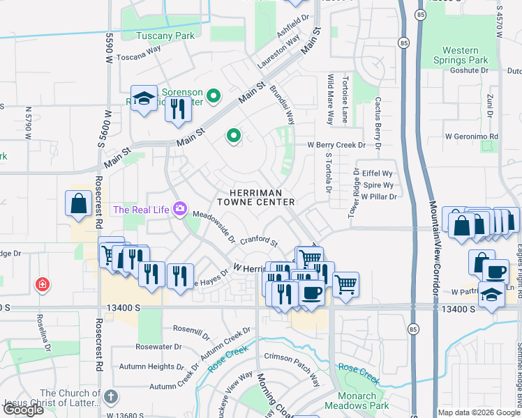 map of restaurants, bars, coffee shops, grocery stores, and more near Newbridge Lane in Herriman