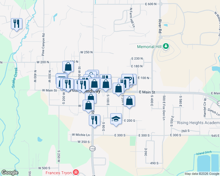 map of restaurants, bars, coffee shops, grocery stores, and more near 110 East Main Street in Midway