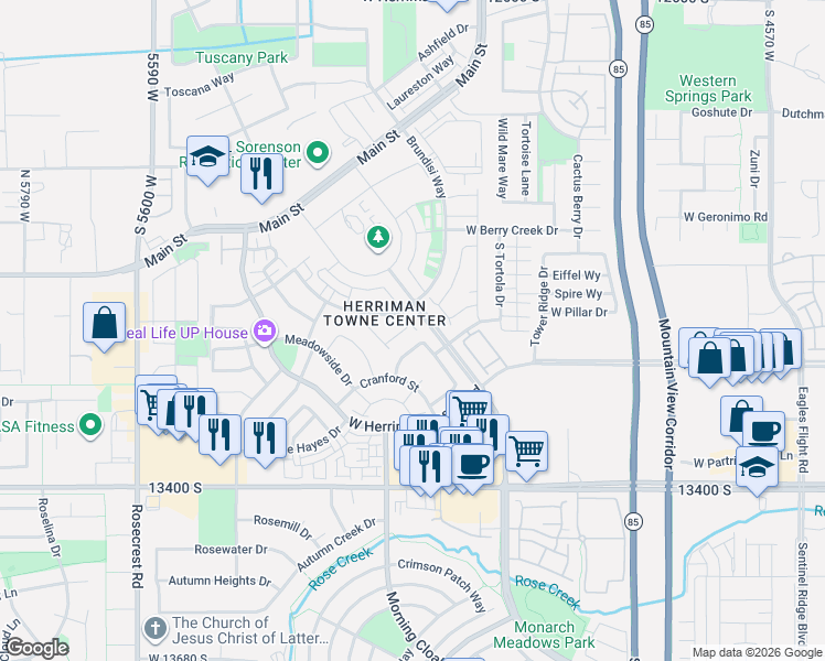 map of restaurants, bars, coffee shops, grocery stores, and more near 5157 Newbridge Lane in Herriman