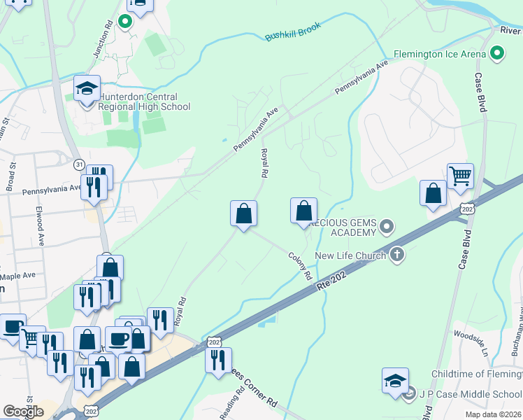 map of restaurants, bars, coffee shops, grocery stores, and more near 34 Royal Road in Flemington