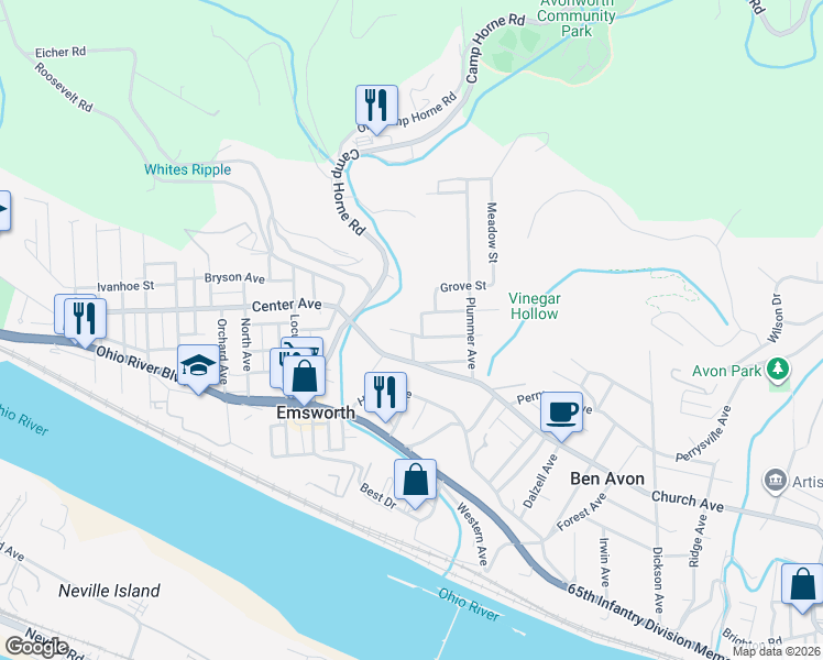 map of restaurants, bars, coffee shops, grocery stores, and more near 78 Courtney Street in Pittsburgh