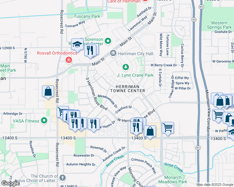 map of restaurants, bars, coffee shops, grocery stores, and more near 13207 Weatherford Lane in Herriman