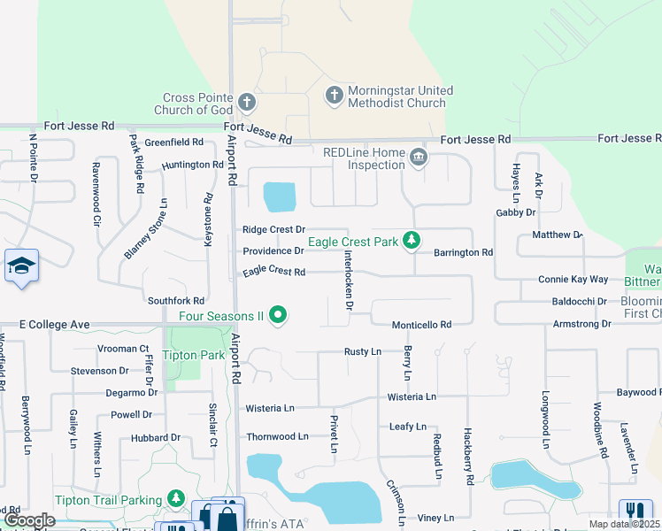 map of restaurants, bars, coffee shops, grocery stores, and more near 3111 Eagle Crest Road in Bloomington