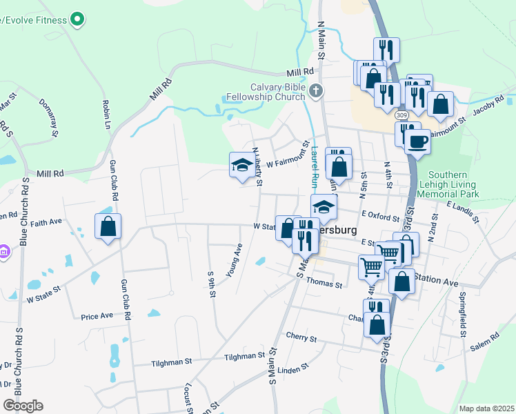 map of restaurants, bars, coffee shops, grocery stores, and more near 11 Liberty Circle in Coopersburg