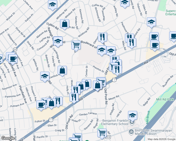 map of restaurants, bars, coffee shops, grocery stores, and more near 6 Center Street in Edison