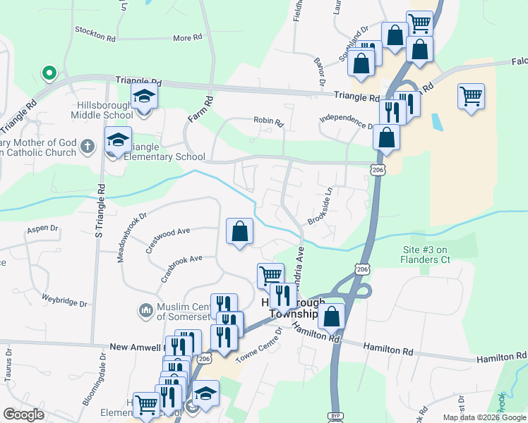 map of restaurants, bars, coffee shops, grocery stores, and more near 530 Andria Avenue in Hillsborough Township