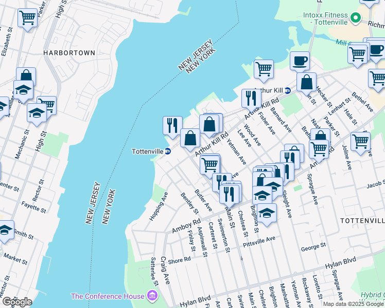 map of restaurants, bars, coffee shops, grocery stores, and more near 108 Main Street in Staten Island
