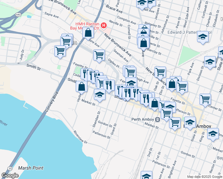 map of restaurants, bars, coffee shops, grocery stores, and more near 400 Smith Street in Perth Amboy