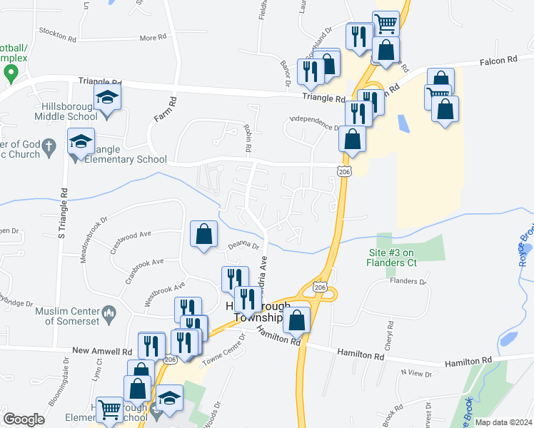 map of restaurants, bars, coffee shops, grocery stores, and more near 515 Andria Avenue in Somerset County