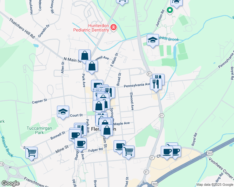 map of restaurants, bars, coffee shops, grocery stores, and more near 53A Broad Street in Flemington