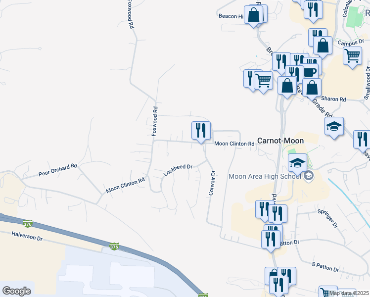 map of restaurants, bars, coffee shops, grocery stores, and more near 118 Lockheed Drive in Coraopolis