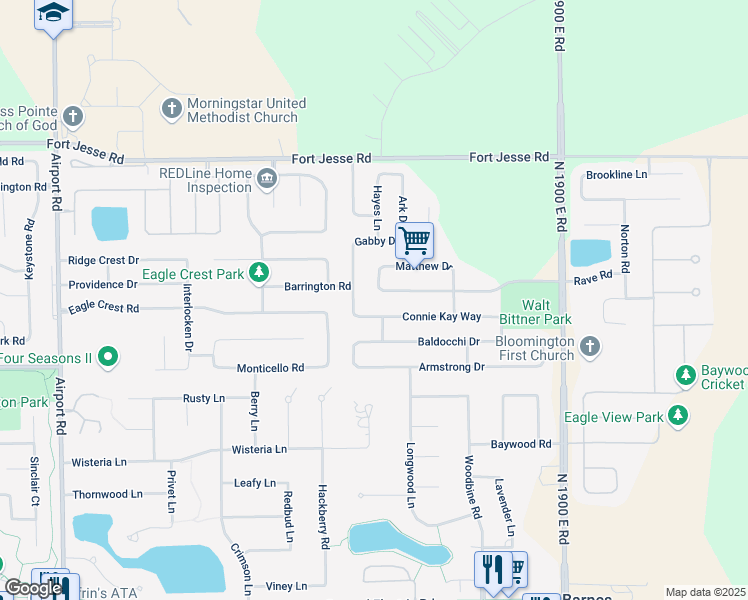 map of restaurants, bars, coffee shops, grocery stores, and more near 3505 Connie Kay Way in Bloomington