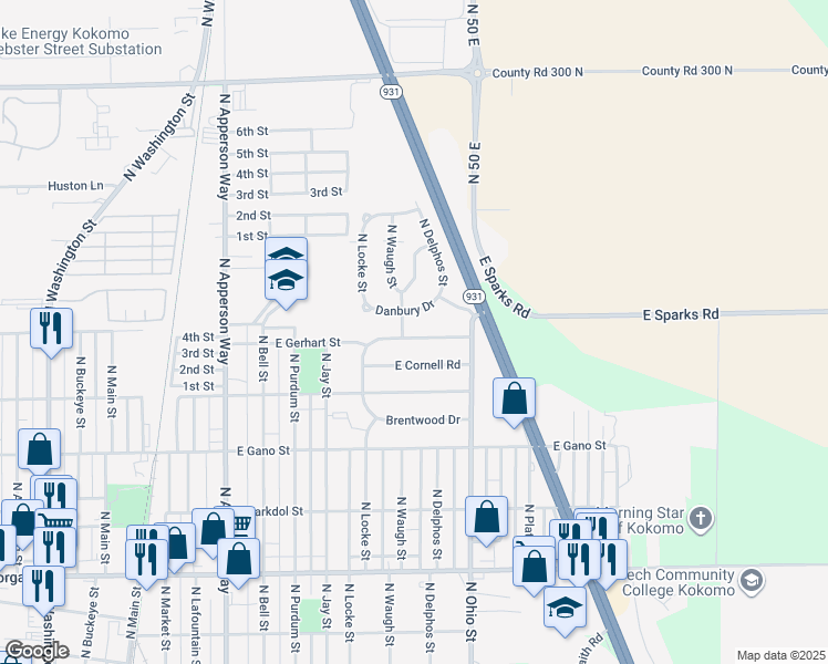 map of restaurants, bars, coffee shops, grocery stores, and more near 1008 East Gerhart Street in Kokomo