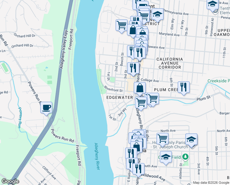 map of restaurants, bars, coffee shops, grocery stores, and more near 124 Riverfront Street in Oakmont