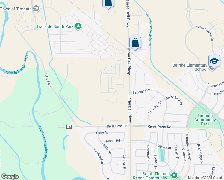 map of restaurants, bars, coffee shops, grocery stores, and more near 5409 Three Bell Parkway in Fort Collins