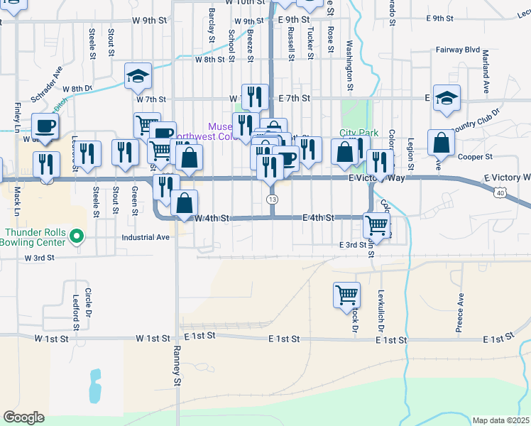 map of restaurants, bars, coffee shops, grocery stores, and more near 399 Yampa Avenue in Craig