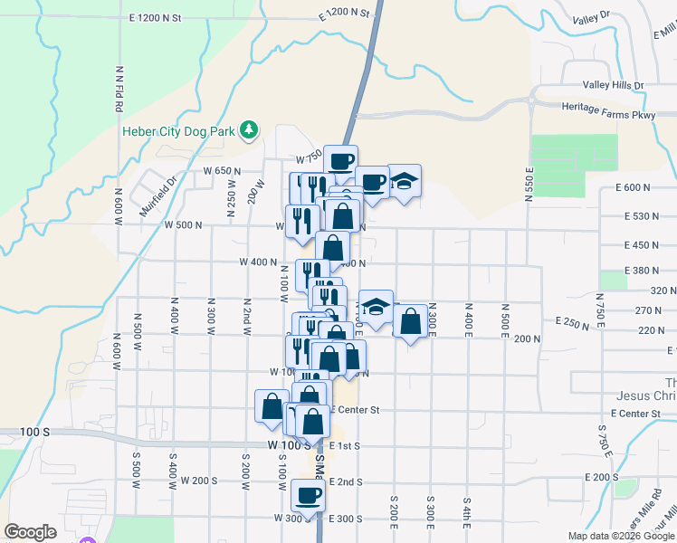 map of restaurants, bars, coffee shops, grocery stores, and more near 36 East 400 North in Heber City