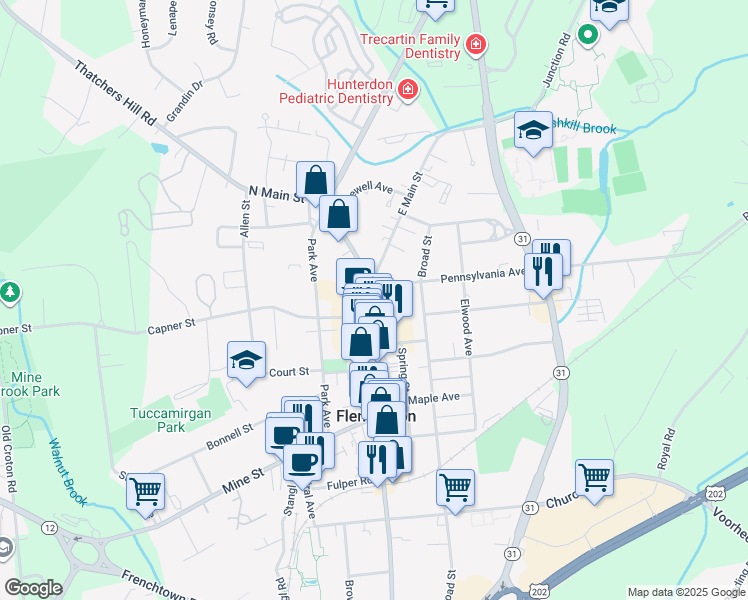 map of restaurants, bars, coffee shops, grocery stores, and more near in Flemington