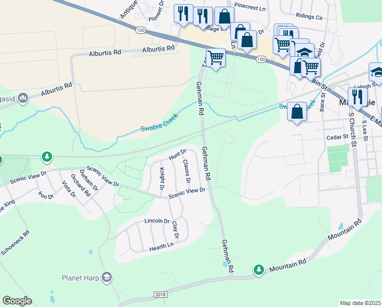 map of restaurants, bars, coffee shops, grocery stores, and more near 6882 Hunt Drive in Macungie