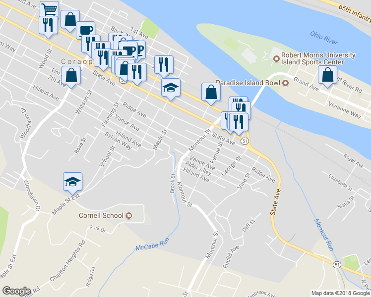 map of restaurants, bars, coffee shops, grocery stores, and more near 716 Montour Street in Coraopolis