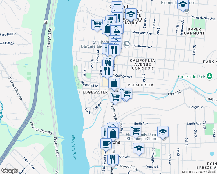 map of restaurants, bars, coffee shops, grocery stores, and more near Allegheny Avenue in Oakmont