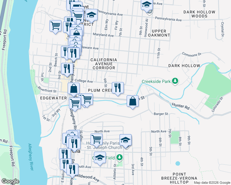 map of restaurants, bars, coffee shops, grocery stores, and more near 627 Plum Street in Oakmont