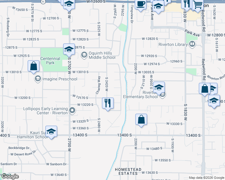 map of restaurants, bars, coffee shops, grocery stores, and more near 2379 West 13100 South in Riverton