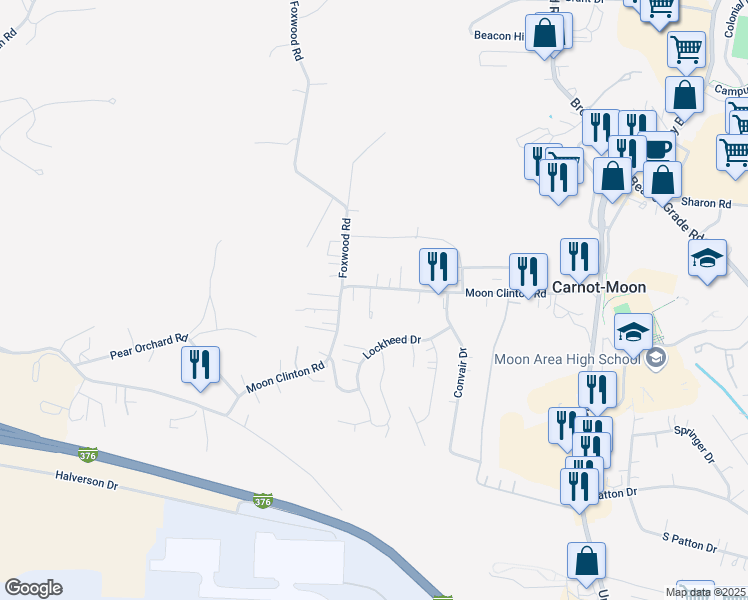 map of restaurants, bars, coffee shops, grocery stores, and more near 295 Moon Clinton Road in Moon