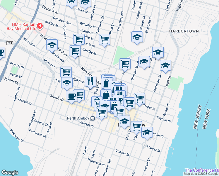 map of restaurants, bars, coffee shops, grocery stores, and more near 219 New Brunswick Avenue in Perth Amboy