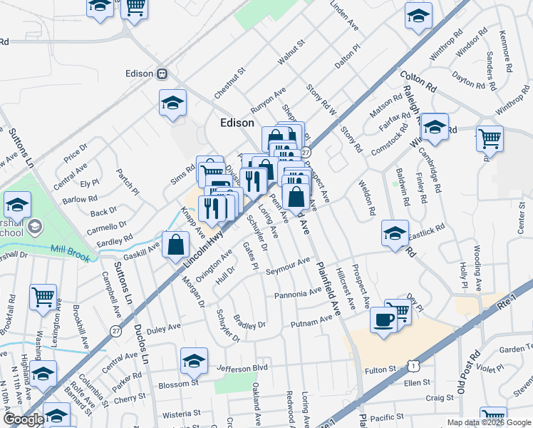map of restaurants, bars, coffee shops, grocery stores, and more near 238 Loring Avenue in Edison