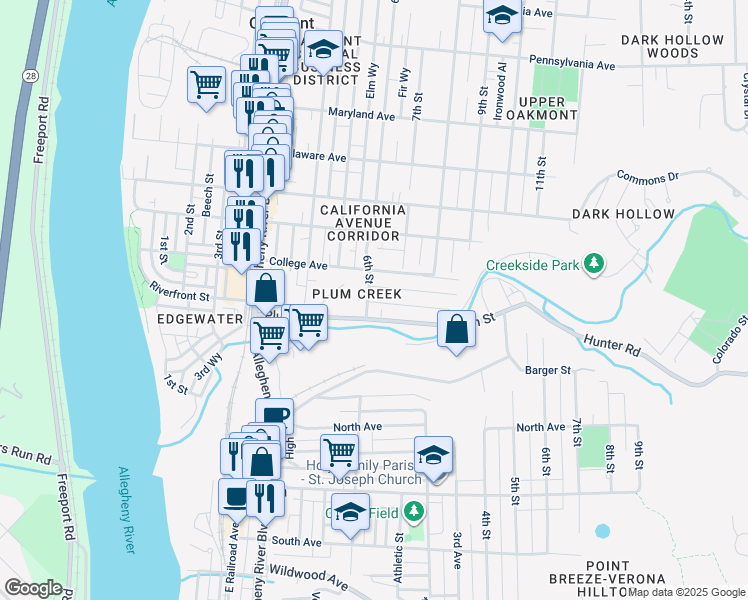 map of restaurants, bars, coffee shops, grocery stores, and more near 102 6th Street in Oakmont