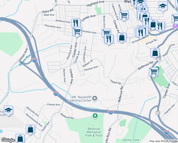 map of restaurants, bars, coffee shops, grocery stores, and more near 110 Meadow Court in Pittsburgh