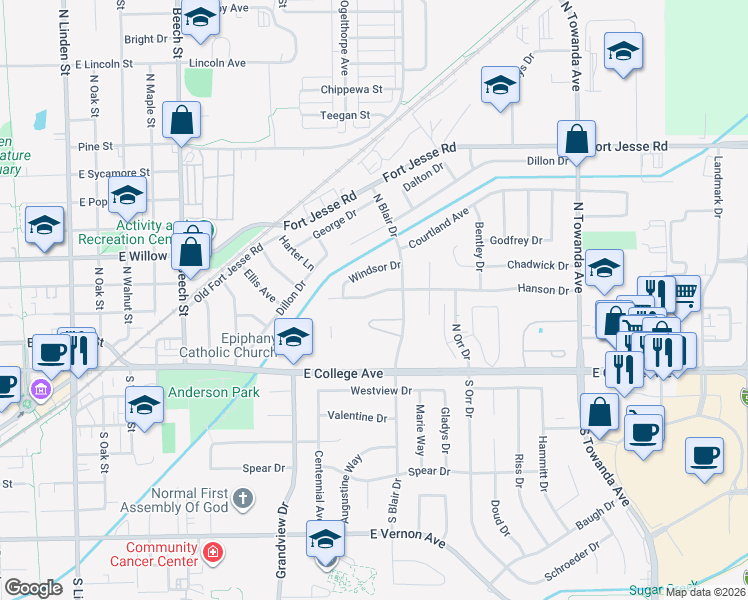 map of restaurants, bars, coffee shops, grocery stores, and more near 1207 Hanson Drive in Normal