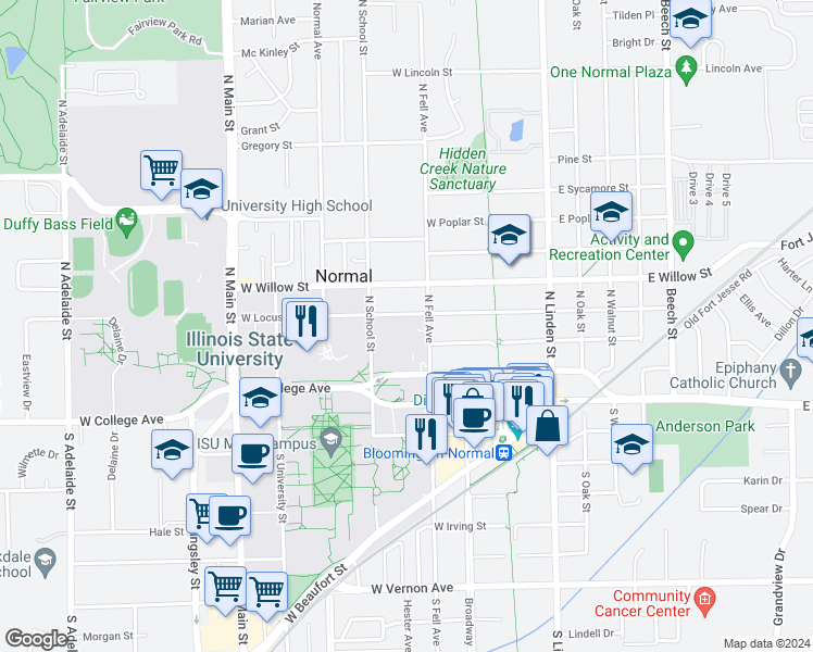 map of restaurants, bars, coffee shops, grocery stores, and more near 207 North Fell Avenue in Normal