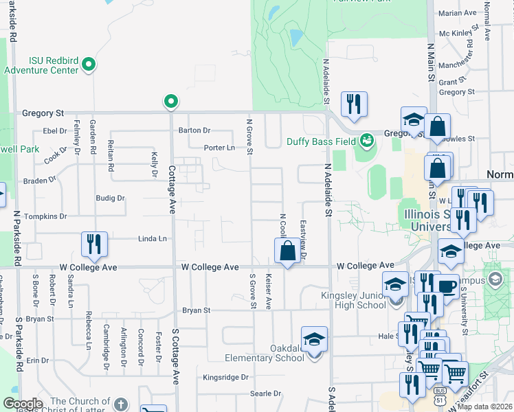 map of restaurants, bars, coffee shops, grocery stores, and more near 909 Green Avenue in Normal