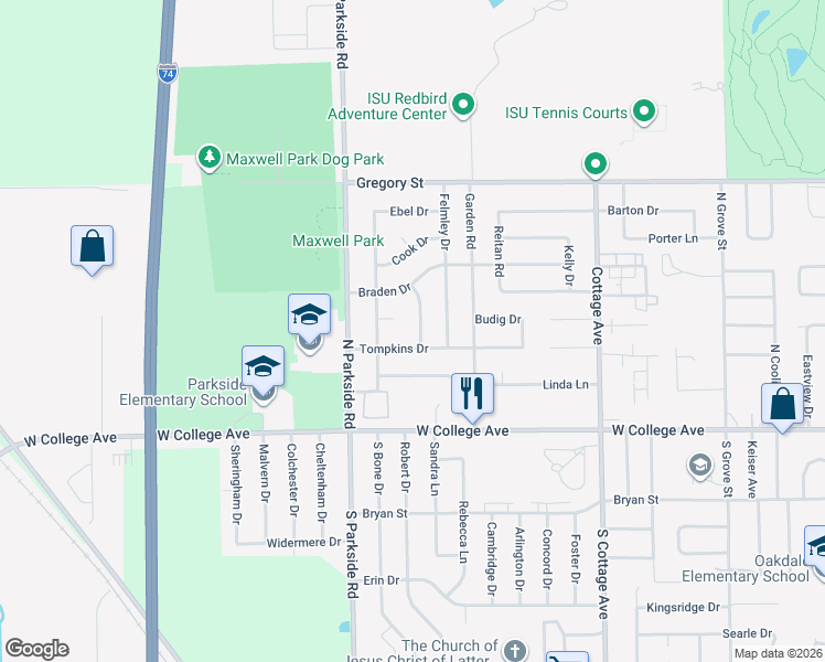 map of restaurants, bars, coffee shops, grocery stores, and more near 1717 Tompkins Drive in Normal