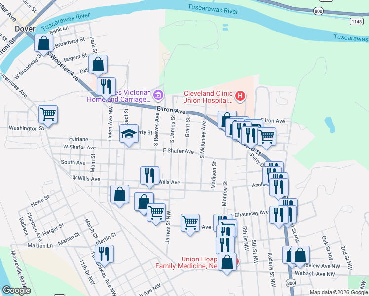 map of restaurants, bars, coffee shops, grocery stores, and more near 310 Grant Street in Dover