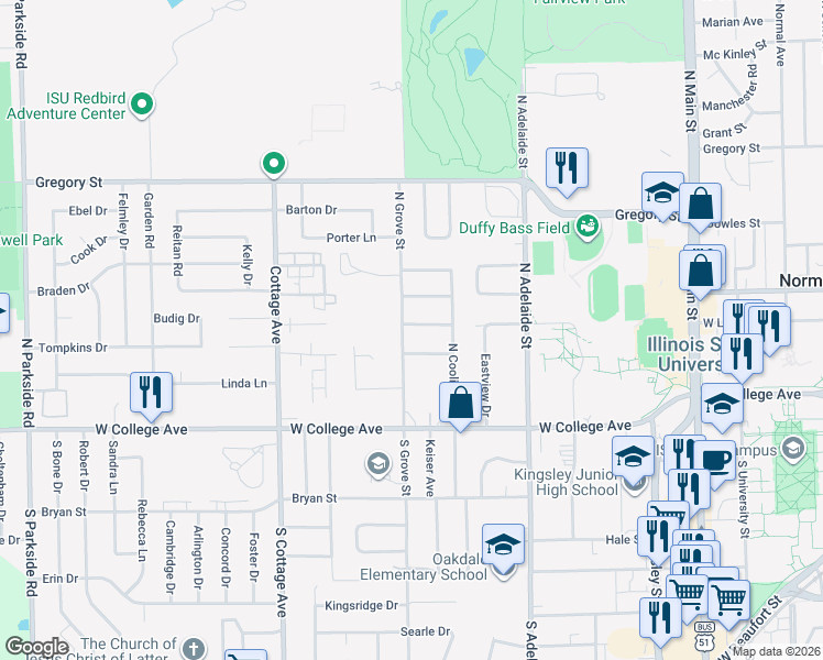 map of restaurants, bars, coffee shops, grocery stores, and more near 909 Green Avenue in Normal